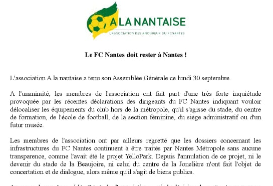 <br>Le FC Nantes doit rester à Nantes !</br>Communiqué de l’association